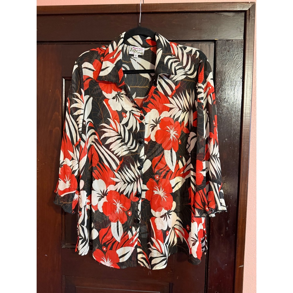 Kaua'iana Woman Hawaiian Floral Button Up Shirt Red Black Tropical 1X Sparkle